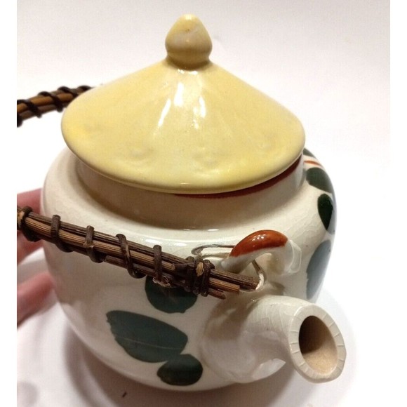 Vintage Stoneware Tea Pot Bamboo Handle Japan Blue Flowers Green Leaves - Picture 8 of 11
